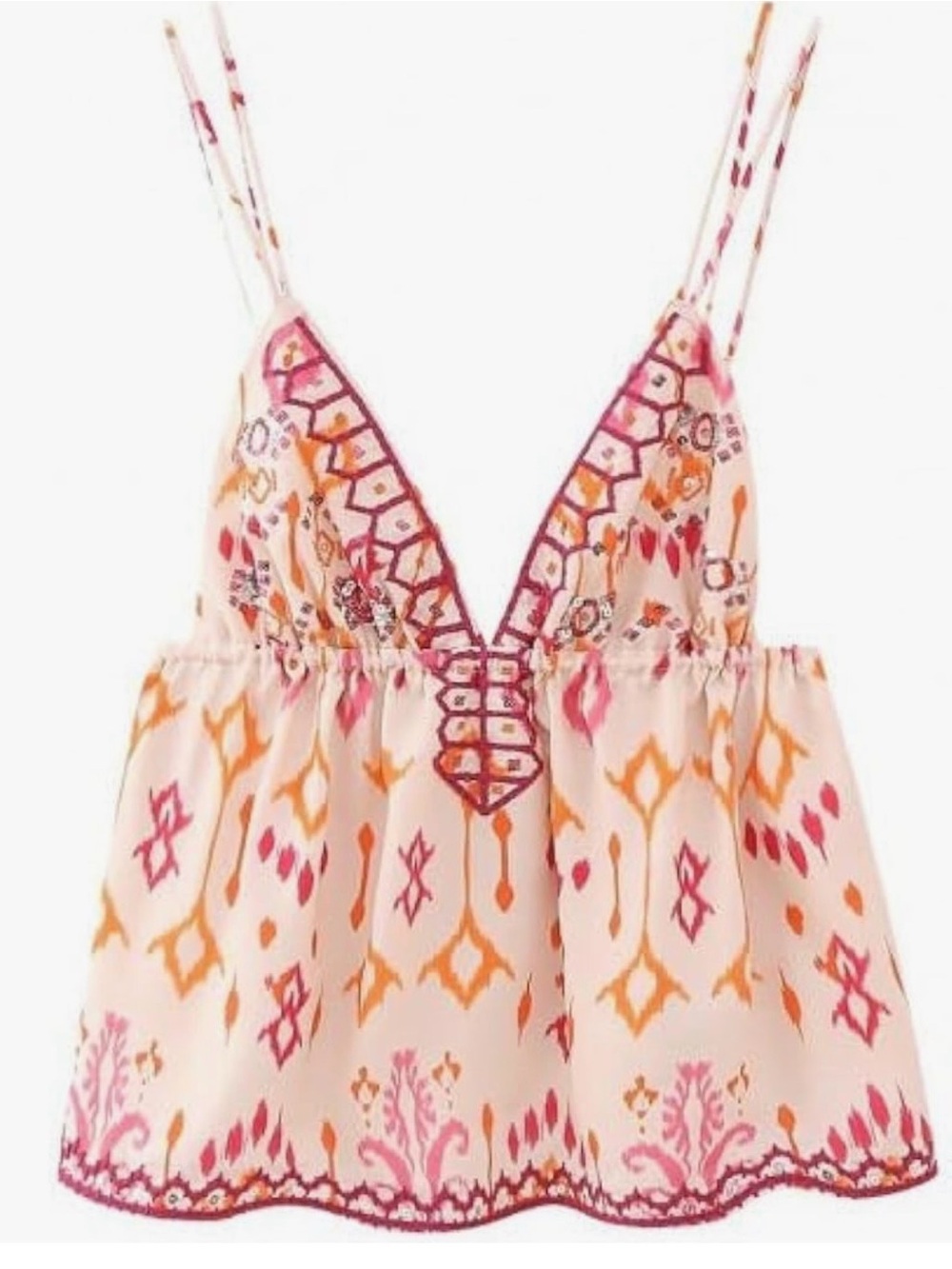 Zara Cream Spaghetti Strap Crop Top with Pink & Orange Ikat Print